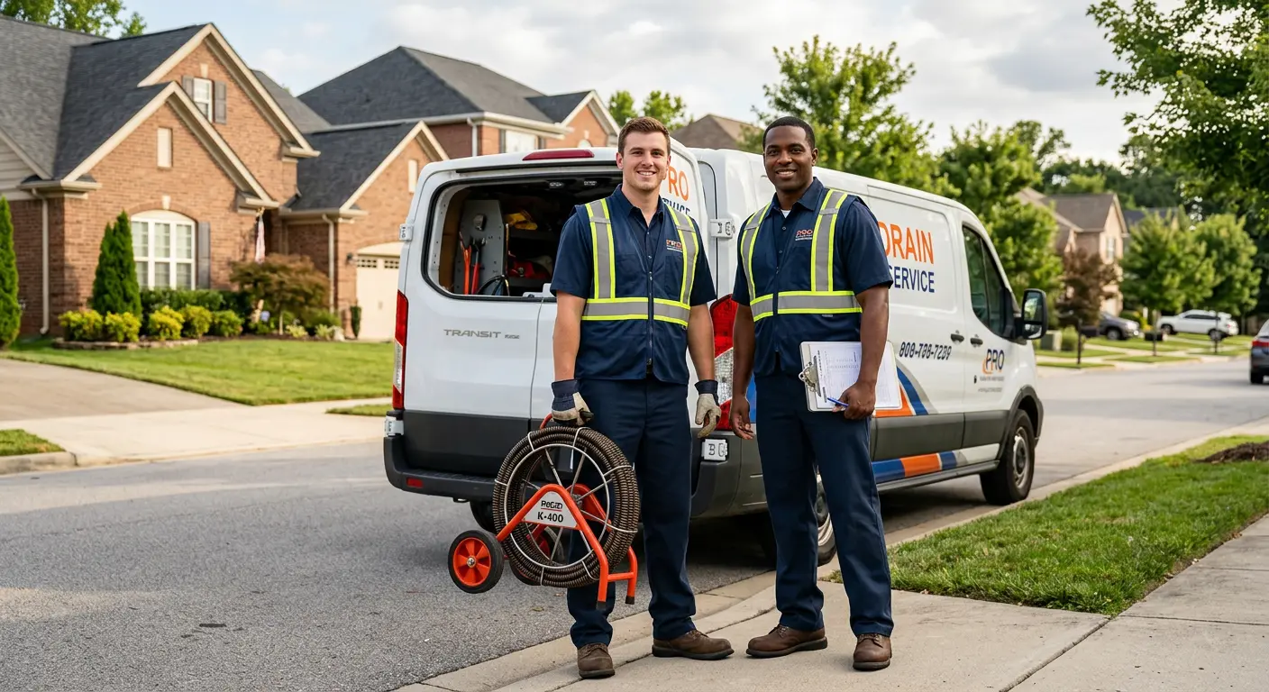 Sewer and drain service team with equipment ready for work in Flowery Branch