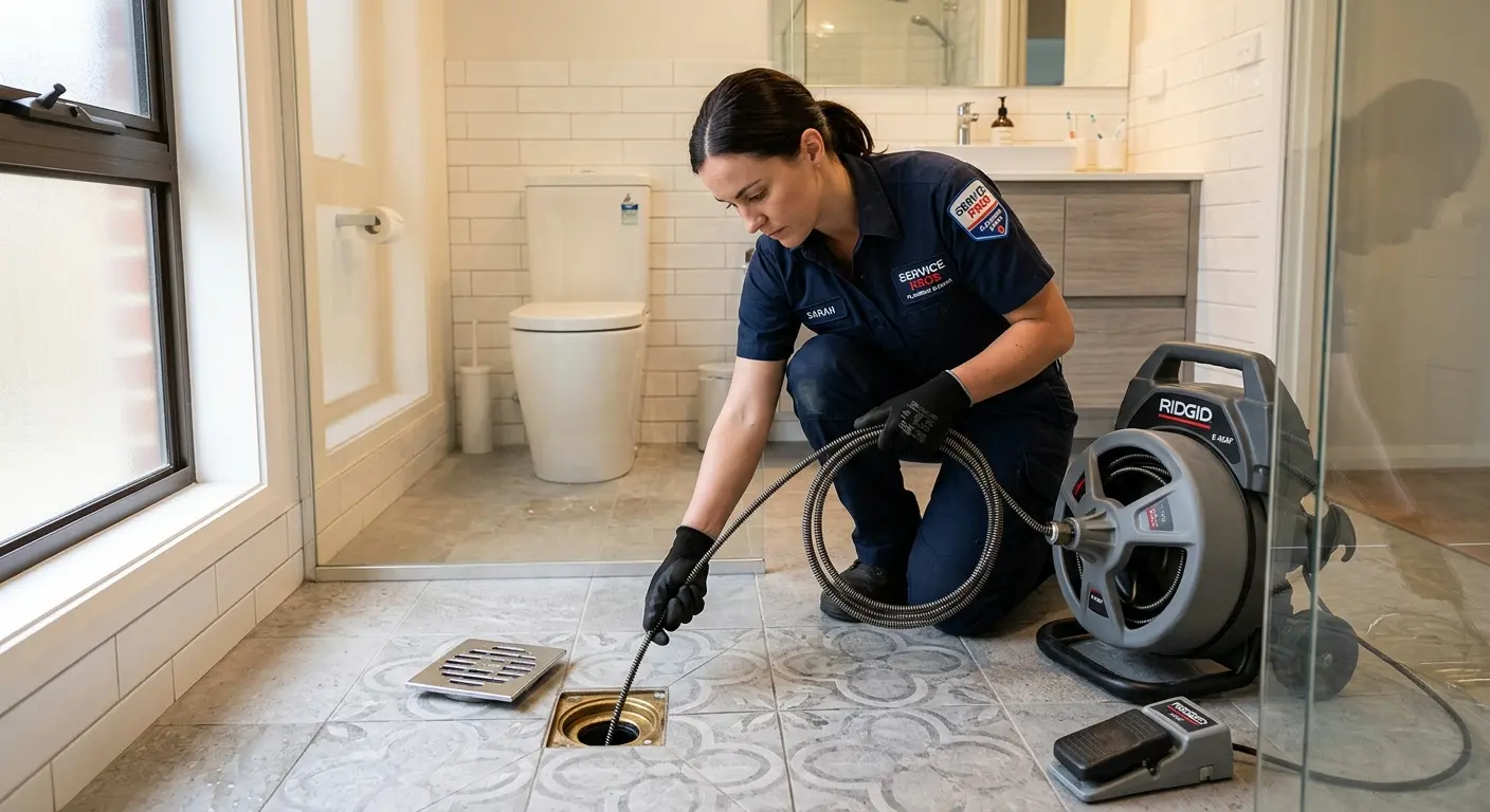 Technician clearing a bathroom floor drain for Clogged Drain Repair in Flowery Branch